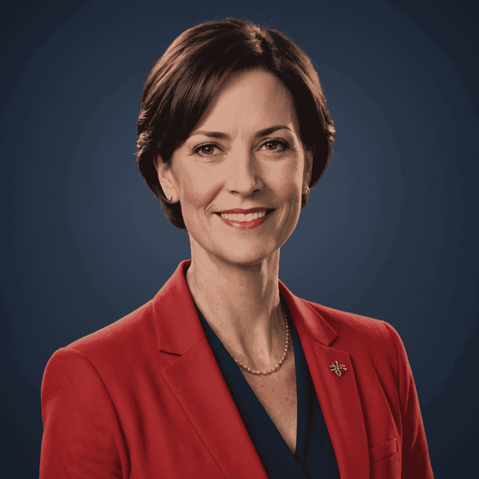 Portrait of Sarah Thompson, founder of VoiceMasters_Canada. A confident woman in her 40s with short dark hair and a warm smile, wearing a red blazer against a navy blue background.