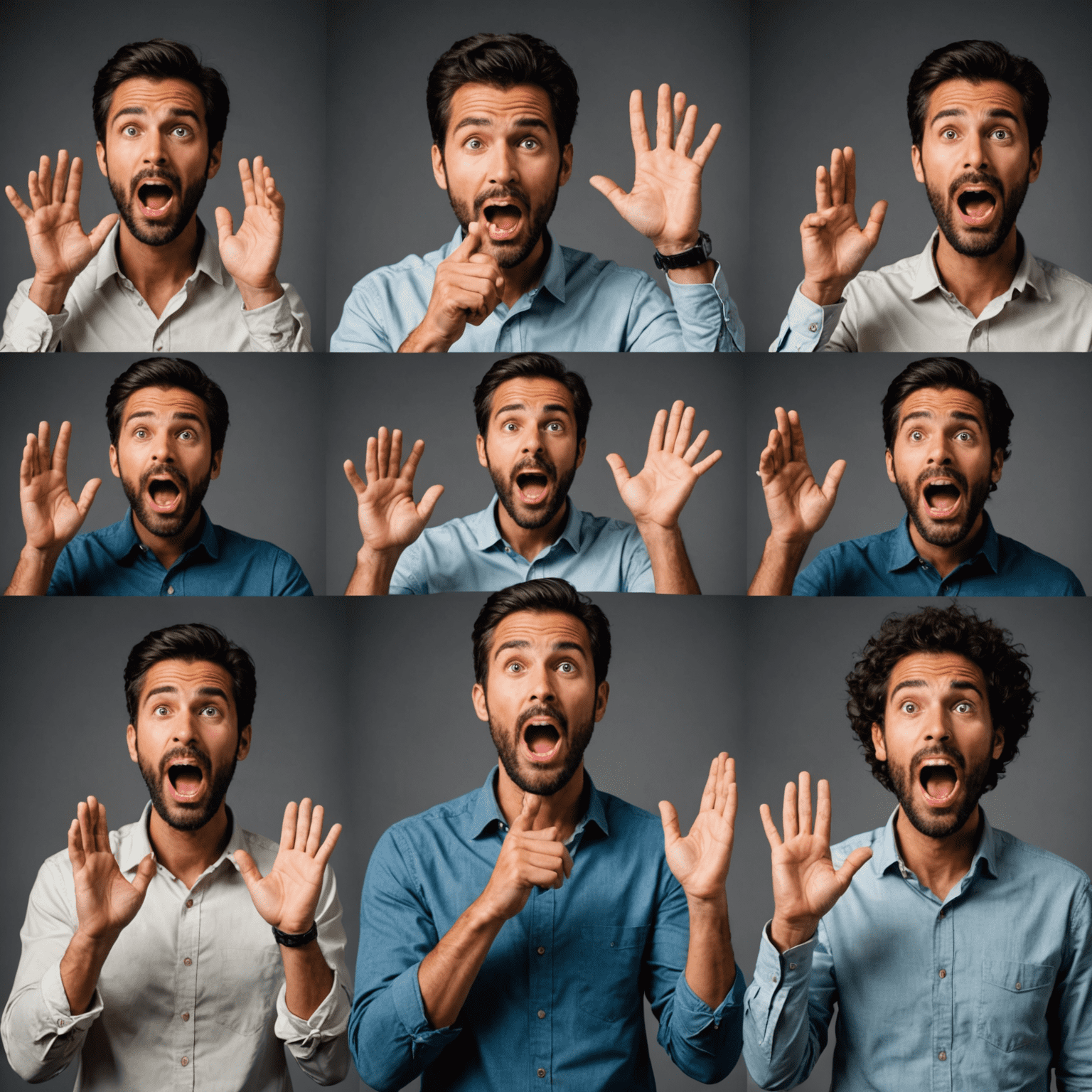 A person demonstrating various vocal techniques, showing different facial expressions and hand gestures to represent pitch, pace, and tone variations. The image conveys the dynamic nature of voice projection and public speaking.