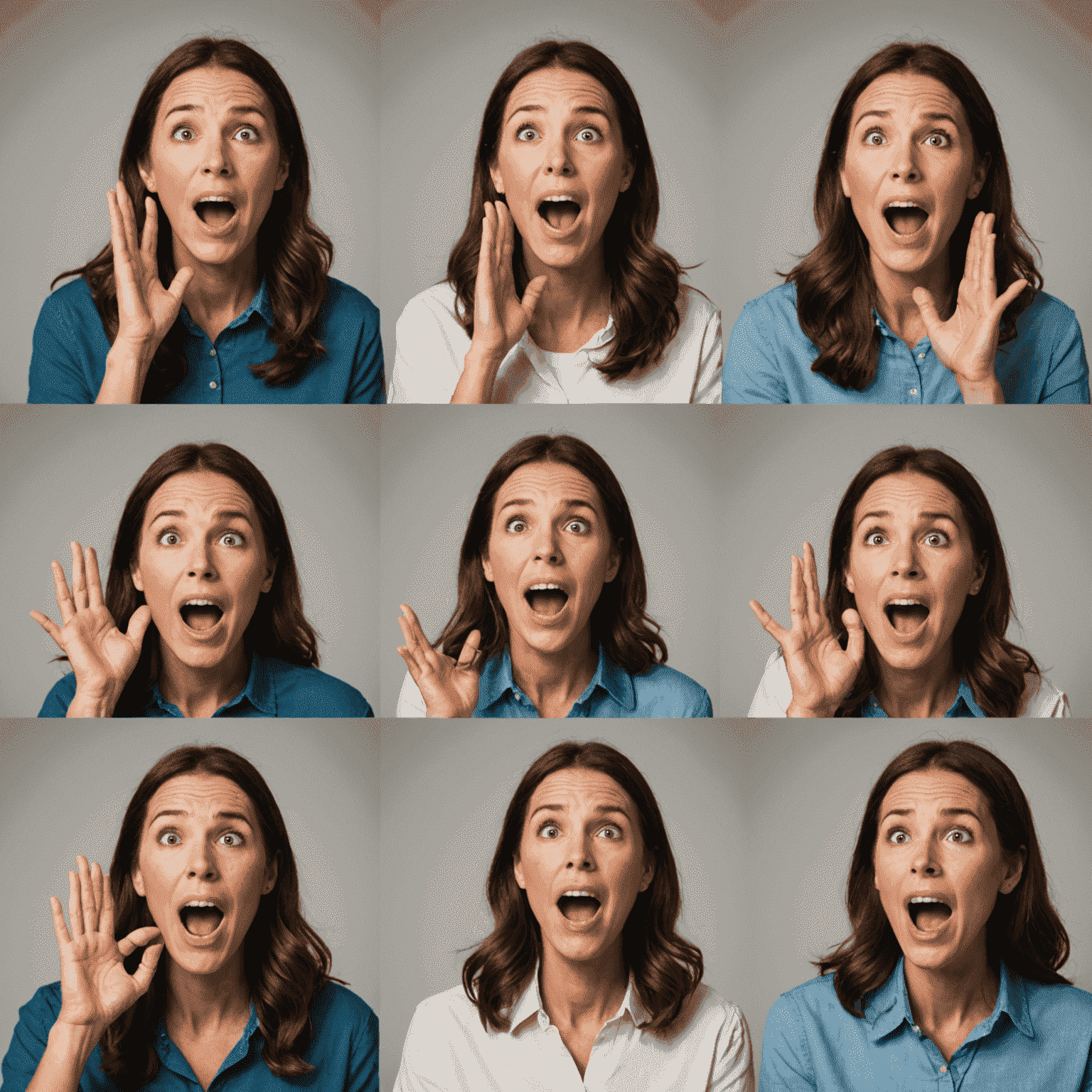 A person demonstrating various vocal techniques, showing different facial expressions and hand gestures to represent pitch, pace, and tone variations