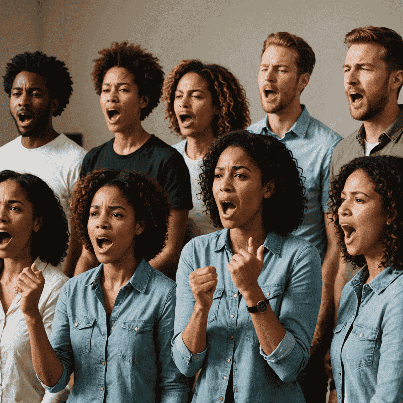 A diverse group of people practicing vocal exercises, demonstrating various pitch and tone techniques. Some are gesturing to their throats, others are opening their mouths wide, showcasing the range of vocal variety.
