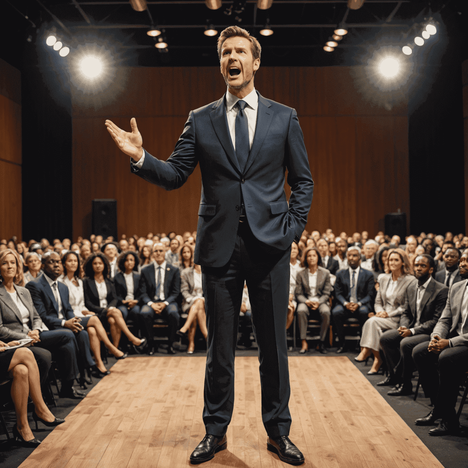 A confident speaker standing on a stage, addressing a large audience. The image shows a transformation from a nervous person to a poised presenter, symbolizing the journey of overcoming stage fright.