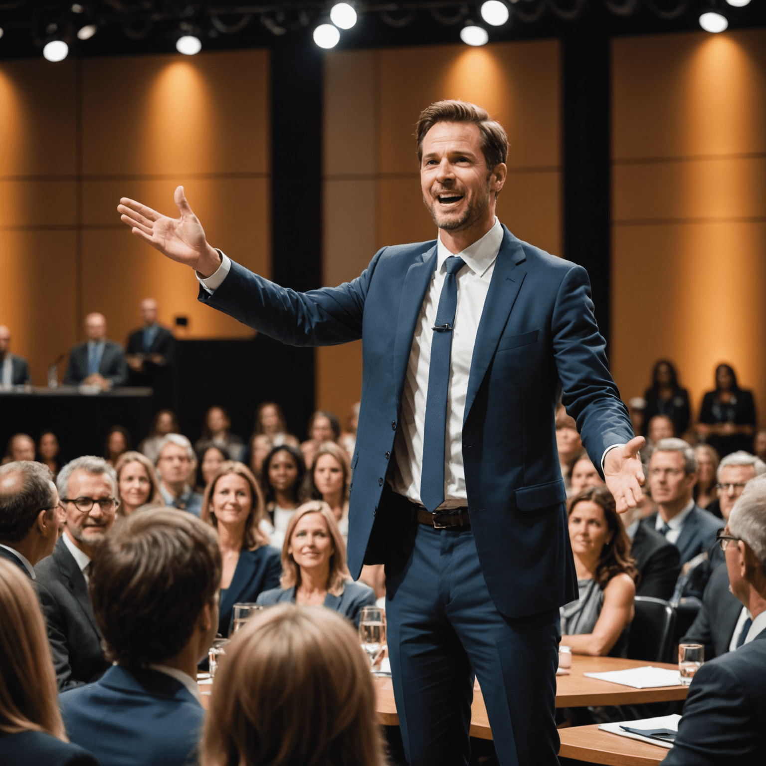 A confident speaker captivating an audience with a powerful introduction, gesturing expressively on a well-lit stage