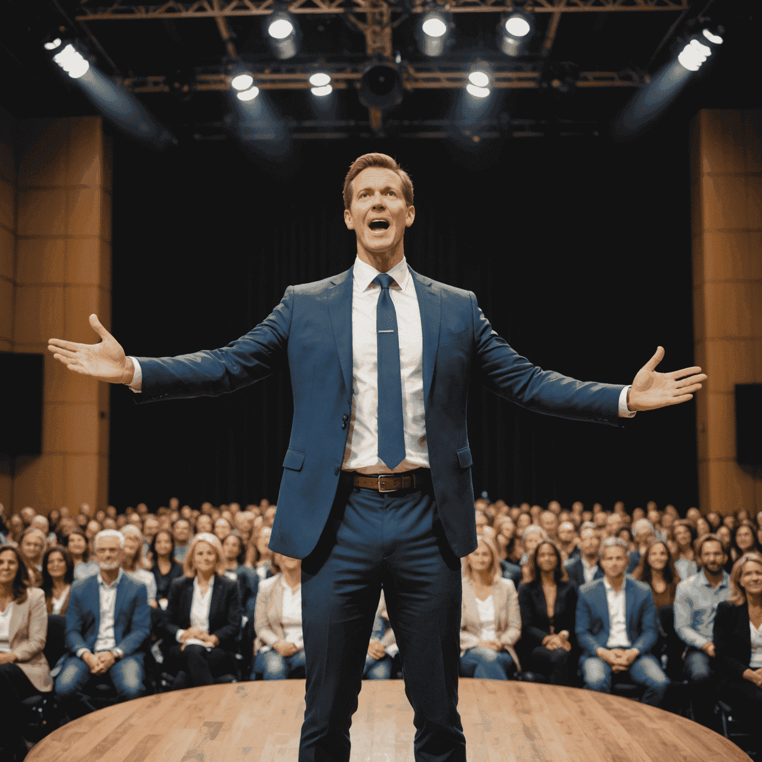A confident speaker demonstrating powerful body language on stage, arms outstretched and making eye contact with the audience