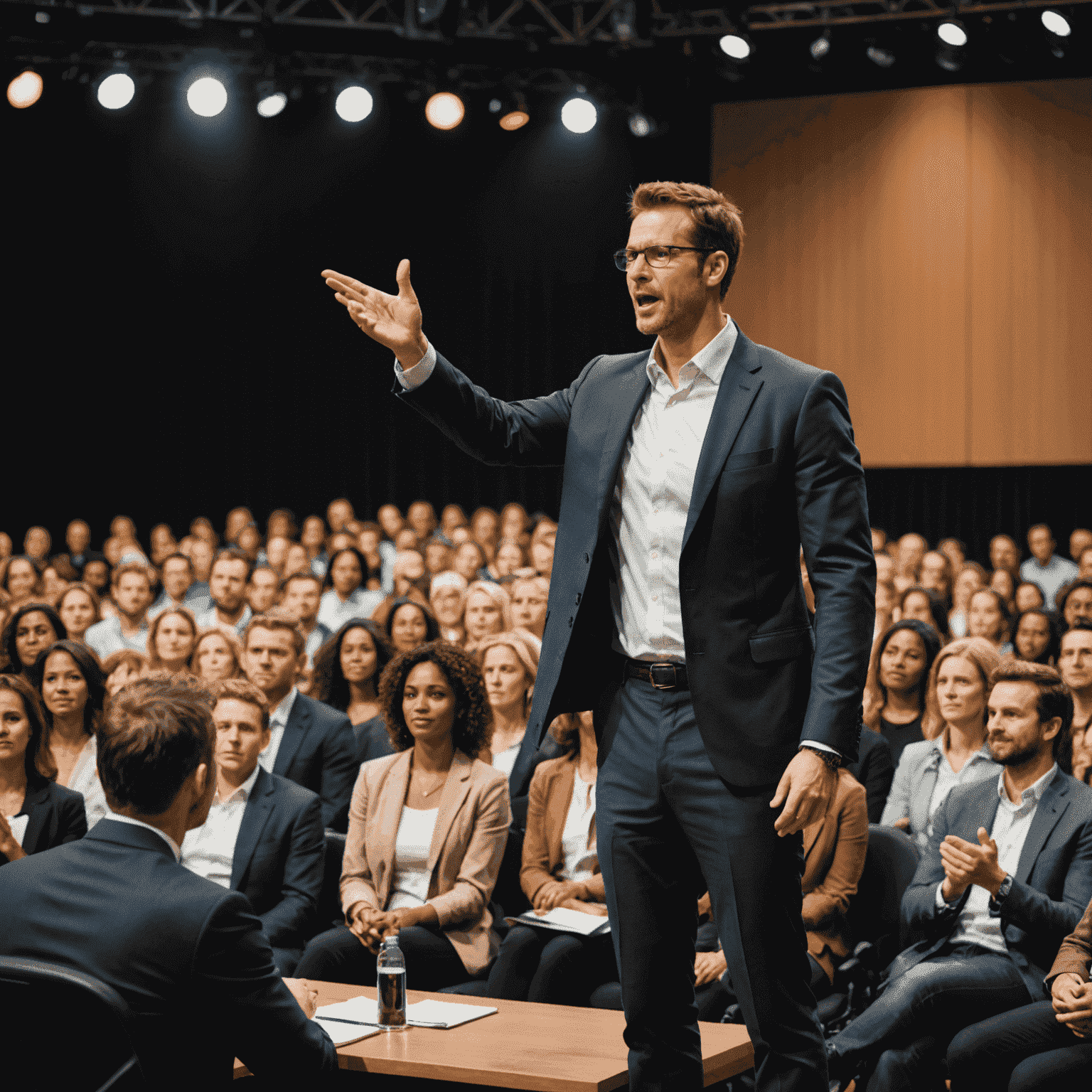 A confident speaker gesturing emphatically on stage, engaging a large audience with powerful body language and facial expressions