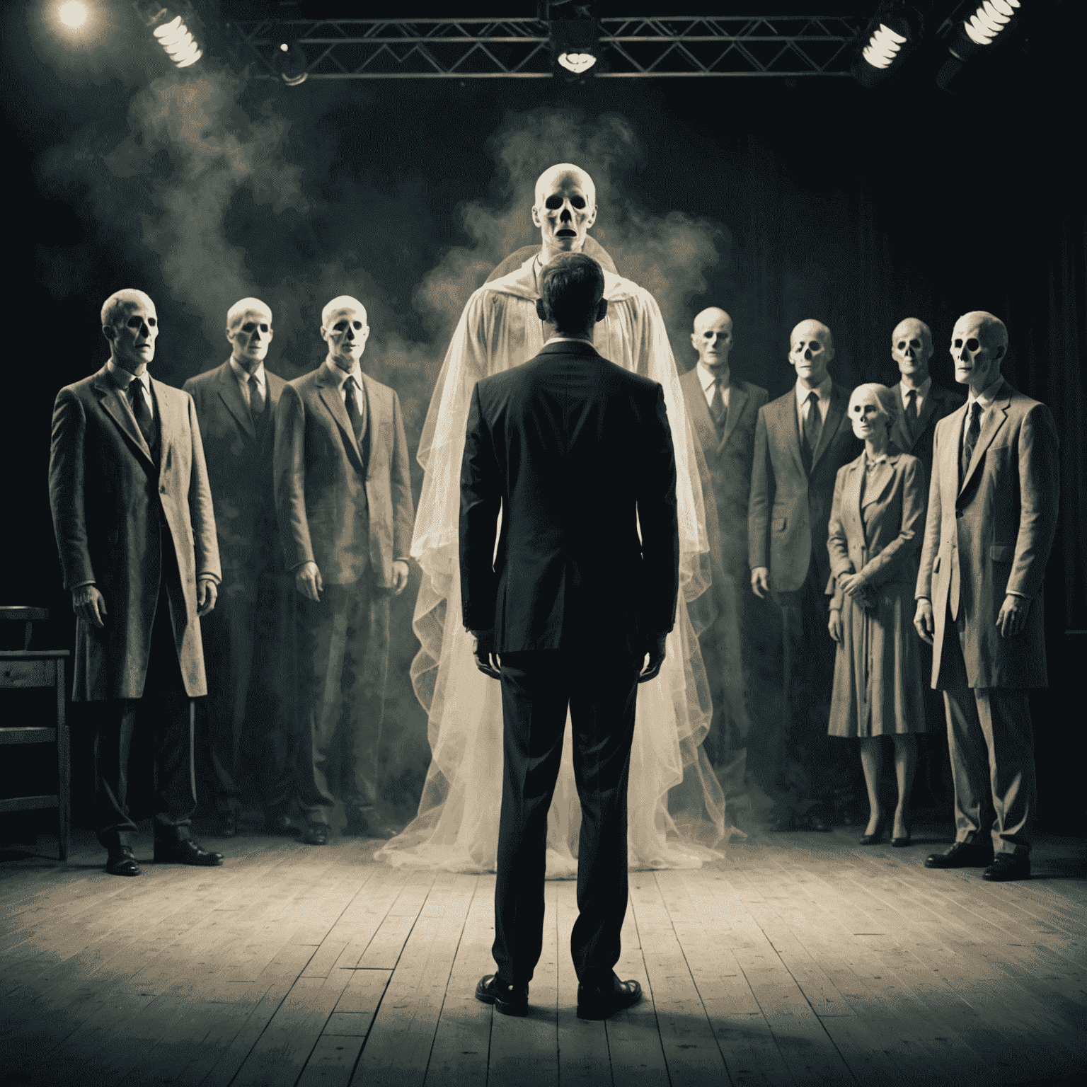 A confident speaker standing on stage, with faded ghostly figures representing past fears in the background. The image illustrates the journey from nervousness to confidence in public speaking.