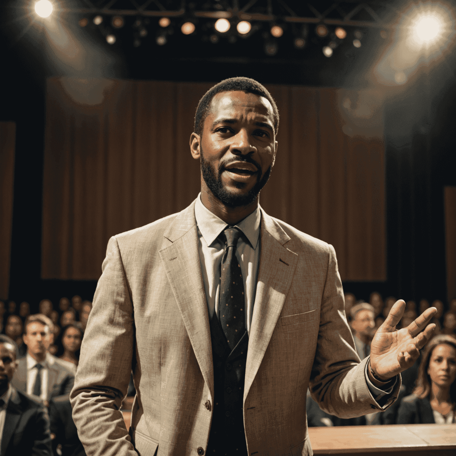 A confident speaker on stage with a faded, nervous version of themselves in the background, symbolizing overcoming stage fright
