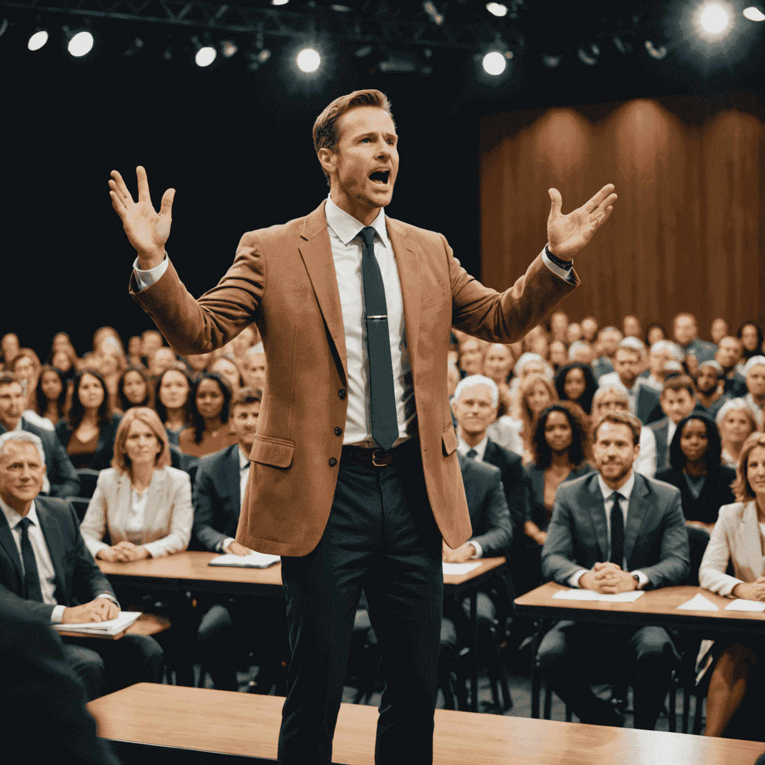 A confident speaker on stage, gesturing expressively while addressing a large, engaged audience. The image conveys the power of effective vocal variety in public speaking.