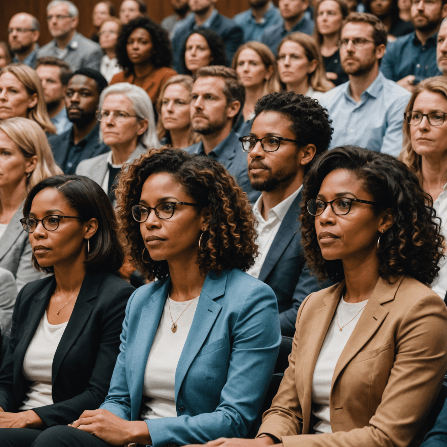 A diverse group of people actively engaged and visibly captivated by a speaker's introduction, leaning forward in their seats with expressions of interest