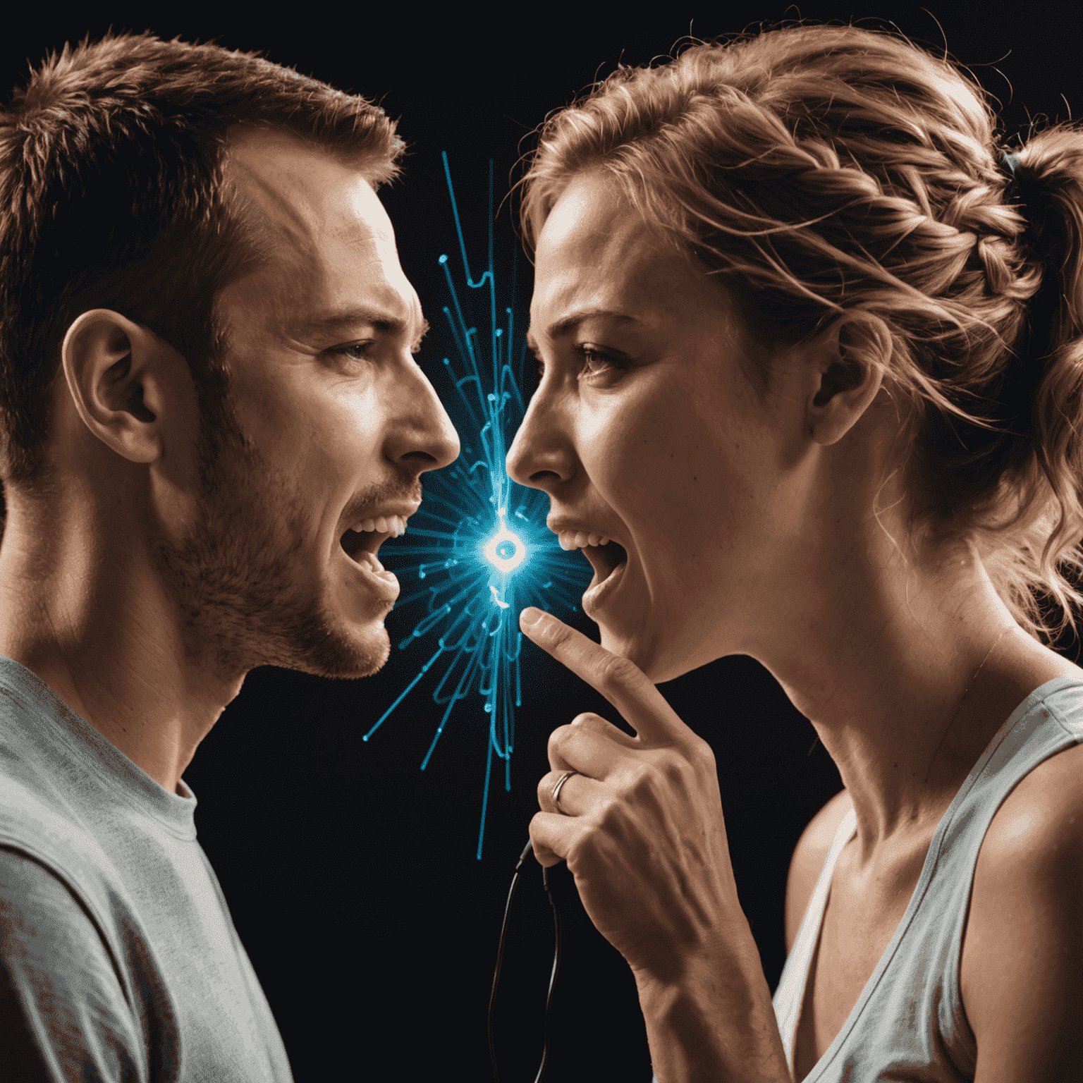 Split image showing a speaker's powerful stance and hand gestures on one side, and a visual representation of sound waves emanating from their mouth on the other, illustrating the synergy between body language and voice projection