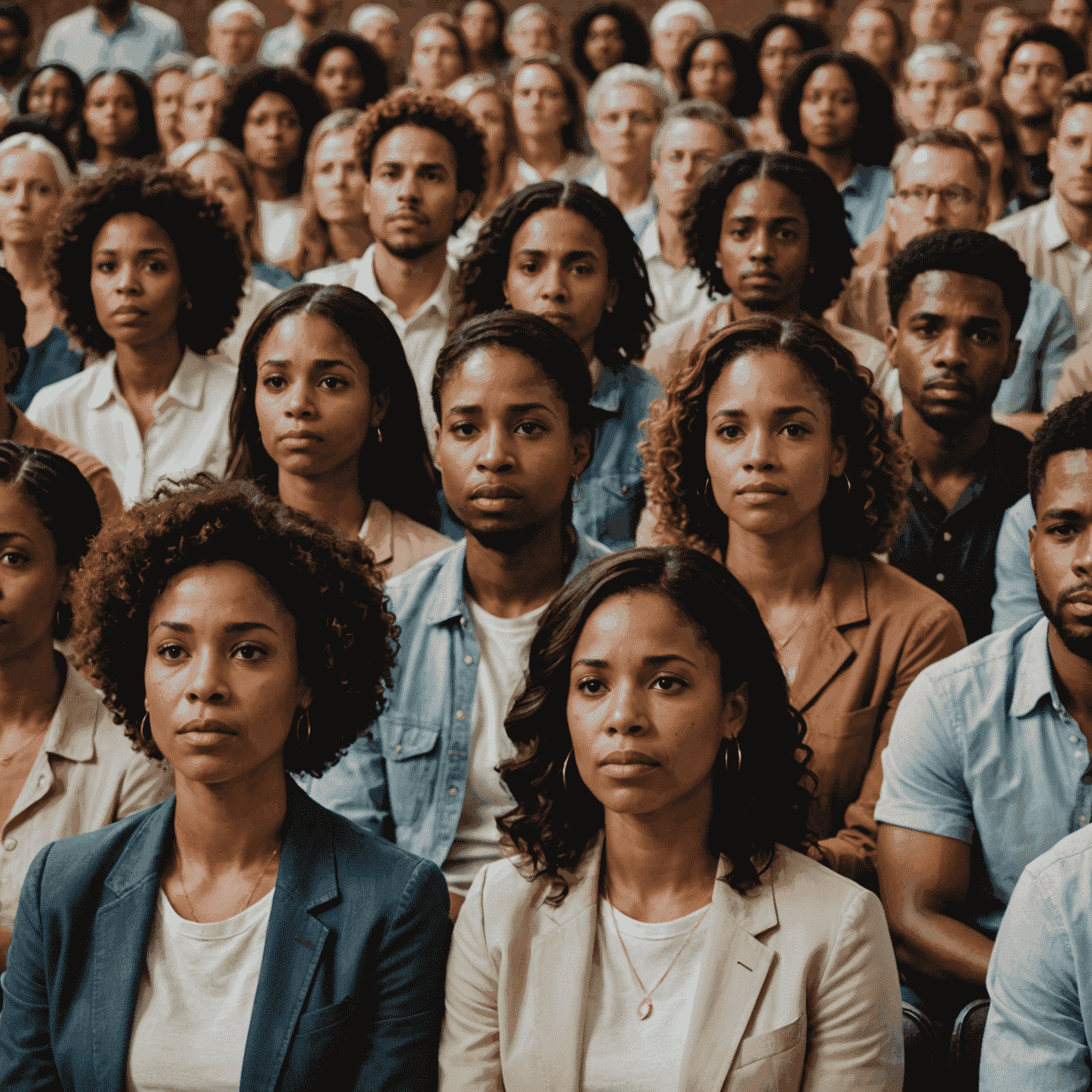 A diverse group of people visibly moved and engaged, some with tears in their eyes, as they listen to a passionate speaker