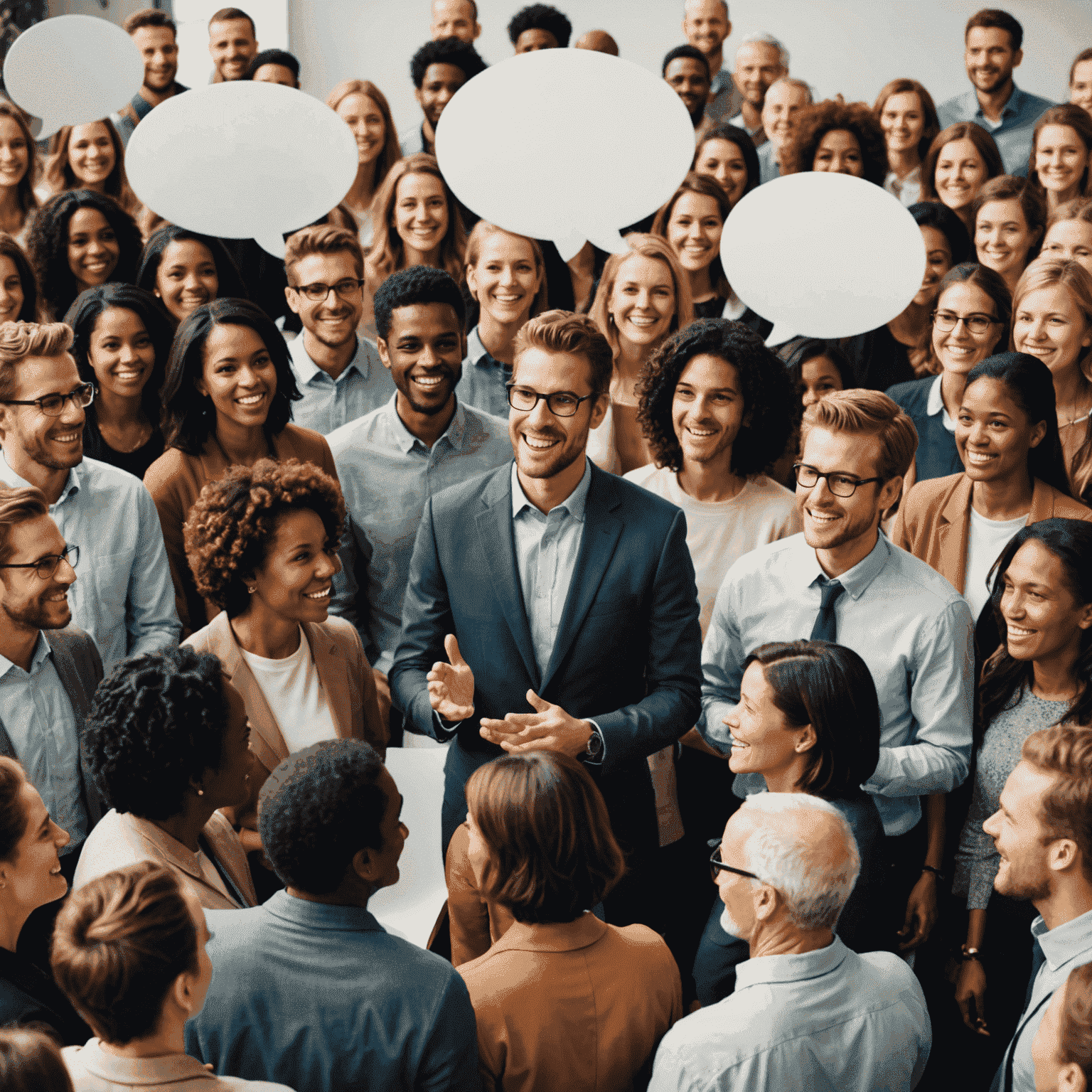 A speaker captivating an audience with an engaging introduction. The image shows a diverse crowd leaning forward, clearly hooked by the speaker's words. Visual elements like speech bubbles or light bulbs represent new ideas and attention-grabbing concepts.