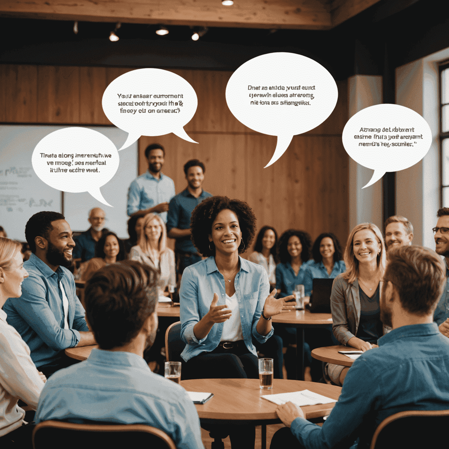A speaker captivating an audience with an engaging introduction, shown through animated speech bubbles and attentive listeners