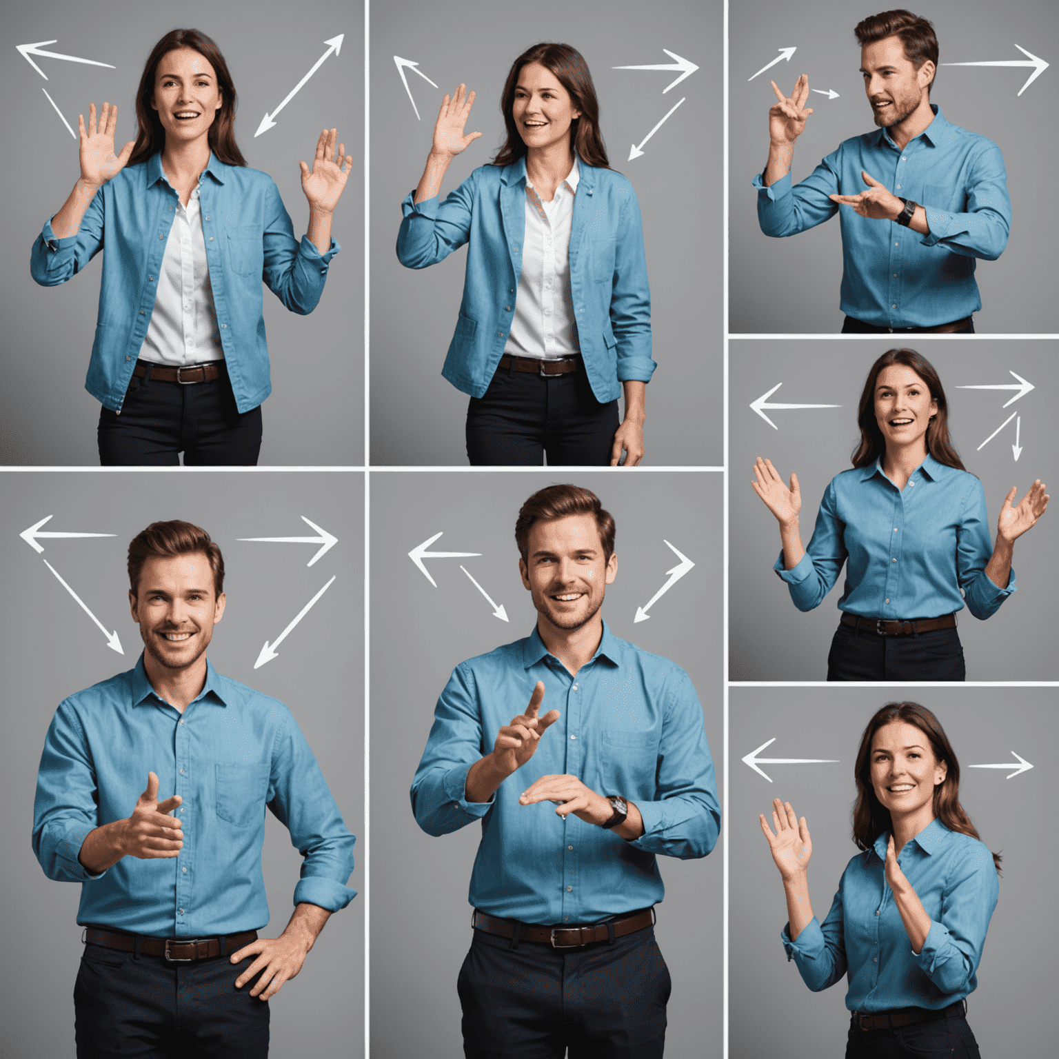 A series of images showing different body language poses and gestures, with arrows indicating their meanings and impact