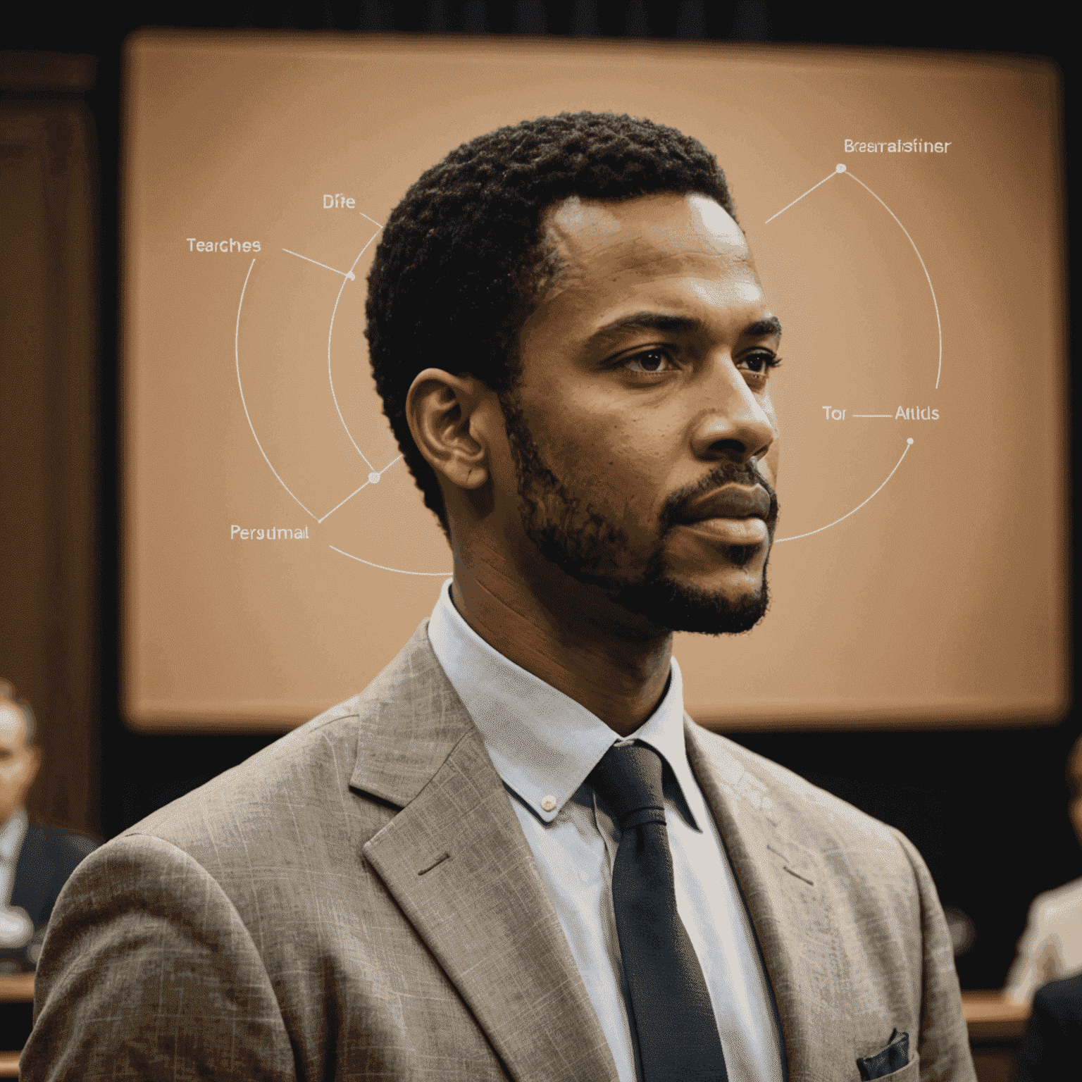 A dynamic speaker using persuasive techniques, with visual representations of logical arguments and emotional appeals surrounding them